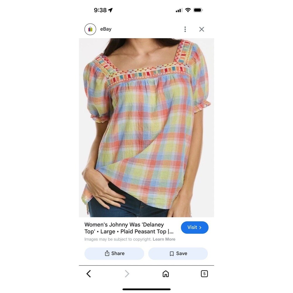 Johnny Was size Large L Delacey plaid pastel puff sleeve peasant top shirt